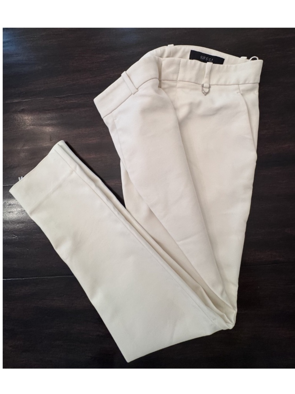 Gucci Size 36 Cream Ivory Slim Trousers Silver Stirrup Hardware Ankle Zip Italy